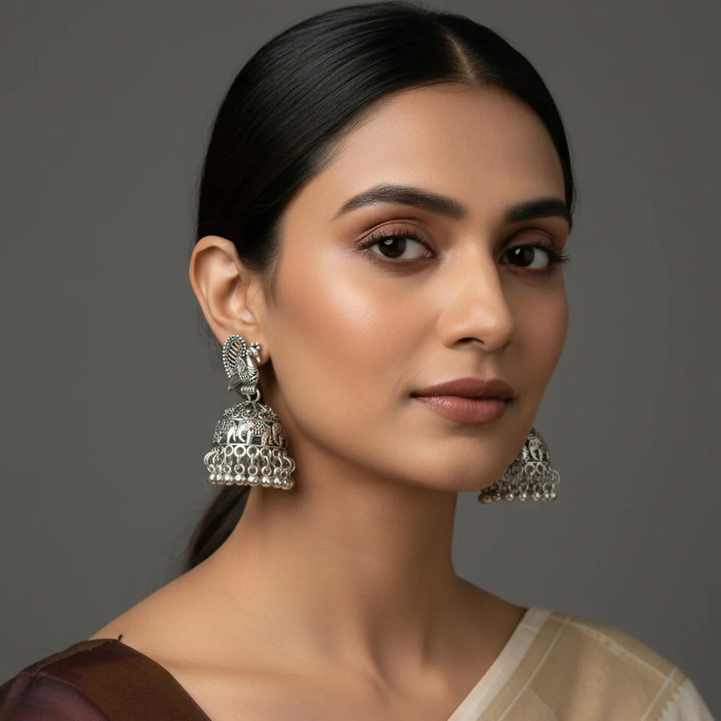 Oxidised Silver Peacock Jhumka Earrings