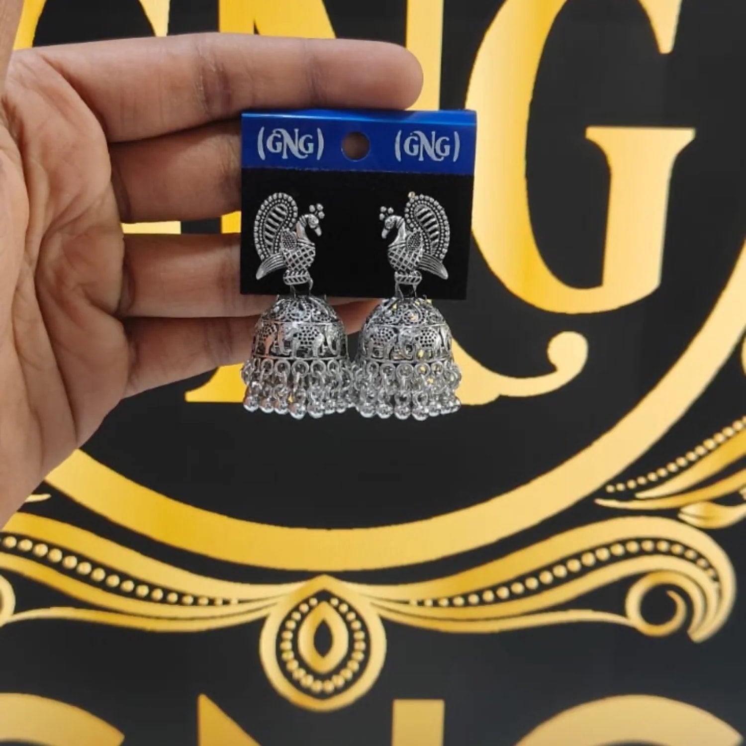 Oxidised Silver Peacock Jhumka Earrings